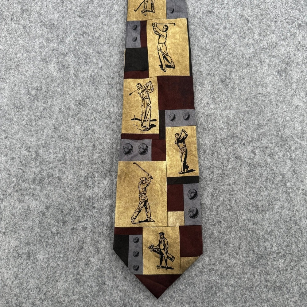 Eagle Neckwear Mens Silk Tie Golf Theme Patchwork Burgundy Tan Grey Vintage